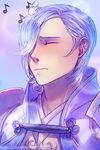  blue_hair blush closed_eyes cursor eighth_note fire_emblem fire_emblem_if gameplay_mechanics hair_over_one_eye hasuyawn male_focus musical_note my_room shigure_(fire_emblem_if) solo 