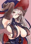  arms_behind_head arms_up blush breast_grab breasts covered_nipples grabbing grabbing_from_behind granblue_fantasy hat large_breasts long_hair magisa_(granblue_fantasy) pink_background rama_(amaru) red_eyes silver_hair solo_focus twitter_username witch_hat 