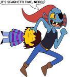  ambiguous_gender blue_skin breasts brown_hair carrying dialogue duo english_text eye_patch eyes_closed eyewear female fish greggjanus hair humor marine monster open_mouth pink_hair protagonist_(undertale) sharp_teeth smile speech_bubble teeth text undertale undyne yellow_eyes yellow_skin 