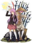  ajirogasa animal_ears back-to-back backpack bag bamboo bunny_ears dual_persona full_body hat jacket japanese_clothes kneehighs long_hair long_sleeves looking_at_viewer lunatic_gun multiple_girls necktie open_mouth purple_hair red_eyes reisen_udongein_inaba rice_hat sandals shirt shoes skirt smile touhou urin vest white_background white_legwear wide_sleeves 