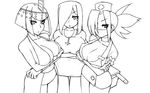  +_+ 3girls breasts choker cleavage cross cross_necklace crossed_arms dress eliza_(skullgirls) eyepatch face_mask gloves hair_over_one_eye halterneck inverted_cross kuroonehalf large_breasts long_hair mask monochrome multiple_girls nurse nurse_cap parasoul_(skullgirls) ponytail short_hair simple_background skullgirls symbol-shaped_pupils tiara valentine_(skullgirls) 