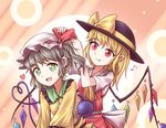  adjusting_bow alternate_hairstyle blonde_hair bow crystal dressing_another eighth_note eyeball fang flandre_scarlet green_eyes green_hair hair_down hairstyle_switch hat hat_ribbon headwear_switch heart heart_of_string komeiji_koishi long_sleeves looking_at_another looking_at_viewer minust mob_cap multiple_girls musical_note open_mouth pointy_ears red_eyes ribbon shirt short_hair short_sleeves side_ponytail skirt skirt_set smile string third_eye touhou upper_body vest wide_sleeves wings 