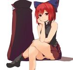  bandages bare_shoulders blush boots cape cape_removed crossed_legs hair_ornament hair_ribbon hasebe_yuusaku looking_at_viewer miniskirt red_eyes red_hair red_skirt ribbon sekibanki shirt short_hair simple_background sitting skirt sleeveless solo touhou white_background 