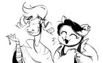  :3 anthro black_and_white black_hair bratty_(undertale) cat catty_(undertale) crocodile duo ear_piercing eyes_closed fangs feline female hair key mammal monochrome multicolored_hair piercing reptile scalie smile temmie_chang tongue tongue_out two_tone_hair undertale 