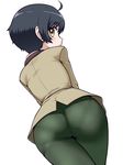  ahoge ass black_hair blush cowboy_shot highres kobayashi_yoshio looking_at_viewer looking_back male_focus nagiichi otoko_no_ko pants pantylines ranpo_kitan short_hair simple_background solo tight tight_pants white_background yellow_eyes 