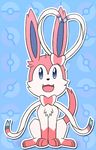  &lt;3 2015 ambiguous_gender blue_eyes bow cute eeveelution feral fur looking_at_viewer mammal nintendo open_mouth pok&eacute;mon ribbons simple_background sitting solo squishyfluffs sylveon video_games white_fur 