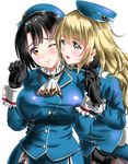  3; atago_(kantai_collection) black_gloves black_hair blonde_hair blush breasts cheek-to-cheek colored_eyelashes gloves green_eyes hair_between_eyes hat holding_hands kantai_collection kasugano_tobari large_breasts long_hair looking_at_another military military_uniform multiple_girls pantyhose red_eyes short_hair takao_(kantai_collection) uniform wavy_mouth 