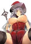  1girl :q black_legwear blush breasts brown_eyes female granblue_fantasy hat large_breasts long_hair looking_at_viewer magisa_(granblue_fantasy) mikurou_(nayuta) nipples shingeki_no_bahamut silver_hair simple_background smile solo spread_legs staff thighhighs thighs tongue tongue_out white_background witch_hat 