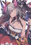  amana_(pocketkey) bare_shoulders breasts cleavage demon_horns eyeball granblue_fantasy horns idolmaster idolmaster_cinderella_girls kanzaki_ranko large_breasts long_hair open_mouth red_eyes silver_hair solo staff twintails 
