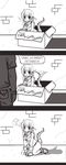  1girl 3koma ? box brick_wall collar comic commentary dragon_tail gloves greyscale highres kneeling monochrome open_mouth shadow spoken_question_mark tail tail_wagging velox 
