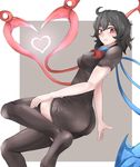  ahoge ascot ass asymmetrical_wings bad_id bad_pixiv_id black_dress black_hair black_legwear breasts commentary_request covered_nipples dress heart heart_wings highres houjuu_nue impossible_clothes impossible_dress looking_at_viewer medium_breasts poini_(king-scarlet-dead) red_eyes short_sleeves skin_tight solo thighhighs touhou wings 