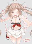  ^_^ adapted_costume ahoge bare_legs breasts brown_hair cleavage closed_eyes collarbone fang hige_shinshi kantai_collection large_breasts midriff murasame_(kantai_collection) navel open_mouth shoes skirt sleeveless smile solo translation_request twintails 