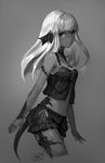  animal_ears au_ra bare_shoulders breasts dated dragon_ears dragon_tail final_fantasy final_fantasy_xiv greyscale looking_at_viewer momoko_(momopoco) monochrome navel shorts signature small_breasts solo tail 