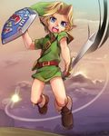  blonde_hair blue_eyes boots fairy full_body hat holding holding_sword holding_weapon left-handed link male_focus nanjin pointy_ears shield sword tatl the_legend_of_zelda the_legend_of_zelda:_majora's_mask weapon young_link 