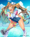  blue_sailor_collar blush breasts brown_hair cloud copyright crop_top day gloves green_eyes harem_gain hat large_breasts long_hair loose_socks one-piece_swimsuit one-piece_tan open_mouth original polearm sailor_collar school_swimsuit sky smile socks solo swimsuit tan tanline twintails wading water weapon zasha 