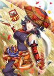  autumn_leaves breasts brown_eyes curly_hair daruma_doll dual_wielding dutch_angle feathers hat highres holding large_breasts long_hair monster_hunter riyun_(halodark) short_hair solo sword weapon yukumo_(armor) 