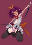  armpits black_legwear bra breasts cameltoe dress dual_wielding garter_belt green_eyes holding jumping looking_at_viewer lowleg lowleg_panties maidensnow_no_youkai_dai-makyou musen-shiki_sanhankikan open_clothes open_dress open_mouth outstretched_arms panties pointy_ears purple_hair small_breasts solo spread_arms sword thighhighs underwear weapon 