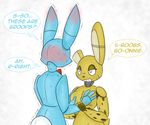  animatronic blush bow_tie breasts couple crossgender dialogue duo embarrassed english_text female five_nights_at_freddy&#039;s five_nights_at_freddy&#039;s_2 grope lagomorph machine male mammal mizumew rabbit robot shaking springtrap_(fnaf) text toy_bonnie_(fnaf) video_games 