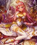  ankle_ribbon armor armored_dress bangs bare_shoulders breasts cleavage cleavage_cutout cross-laced_footwear crown detached_sleeves dress gloves hairband lm7_(op-center) long_hair looking_at_viewer medium_breasts outdoors pink_hair pointy_ears purple_eyes ribbon shadowverse shingeki_no_bahamut sitting smile solo swept_bangs thighhighs white_dress white_gloves white_legwear yokozuwari 