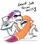  1girl after_sex blue_hair blush clementine_lanark commentary domino_mask drooling english good_end hetero inkling lying mask naked_sheet on_back on_side orange_hair saliva sleeping splatoon_(series) splatoon_1 tamarinfrog tentacle_hair watermark whinter_castello 