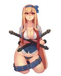 ass_visible_through_thighs belt black_panties blonde_hair blush breasts cameltoe cleavage cropped_legs dual_wielding groin hairband happening18 holding huge_breasts long_hair micro_panties original panties parted_lips red_eyes simple_background solo tonfa underwear very_long_hair weapon white_background 