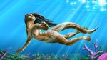  2015 anthro breasts female jackrow mammal mustelid nipples nude otter solo swimming underwater water webbed_feet webbed_hands 