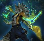  2018 absurd_res anthro black_nose canine claws clothed clothing fur green_eyes hi_res male mammal muscular open_hoodie piercing seth_(tas) snowjune solo text tokyo_afterschool_summoners 