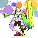  bike_shorts blue_eyes blush_stickers domino_mask epurasu green_hair holding inkling long_hair looking_afar mask oversized_object paint_roller paint_splatter pointy_ears radar shirt single_vertical_stripe solo splat_roller_(splatoon) splatoon_(series) splatoon_1 squid_beakon_(splatoon) standing t-shirt tentacle_hair white_background 