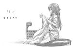  fire_emblem fire_emblem_if greyscale holding_needle japanese_clothes kozaki_yuusuke long_hair low_ponytail monochrome needle oboro_(fire_emblem_if) sitting solo white_background 