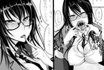  between_breasts breasts come_hither finger_to_mouth glasses greyscale monochrome necktie open_mouth oral_invitation original saliva sangyou_haikibutsu_(turnamoonright) tongue tongue_out translation_request 