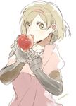  apple blonde_hair blush djeeta_(granblue_fantasy) dress fighter_(granblue_fantasy) food fruit gauntlets granblue_fantasy hairband holding holding_food holding_fruit open_mouth pink_dress pink_hairband puffy_short_sleeves puffy_sleeves rayhato short_hair short_sleeves simple_background solo twitter_username upper_body white_background yellow_eyes 