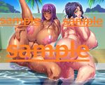  2girls ando_hiroyuki ass blush breasts censored curvy dark_skin huge_breasts leg_up multiple_girls nipples pool purple_hair pussy sling_bikini strap_gap thick_thighs water wide_hips 