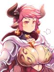  1girl animal_ears armor bracer breasts cape cleavage closed_mouth cow_ears cow_horns granblue_fantasy hood hood_down hooded_cape horns large_breasts looking_at_viewer pink_hair red_eyes simple_background solo sturm_(granblue_fantasy) tomoyohi upper_body white_background white_cape 