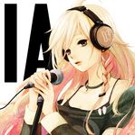  ahoge bare_shoulders blonde_hair blue_eyes braid character_name choker headphones highres ia_(vocaloid) long_hair long_sleeves looking_at_viewer microphone_stand nao_(moronax) number off_shoulder open_mouth pink_hair pink_lips solo upper_body vocaloid white_background white_hair 