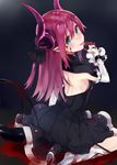  back blood blood_on_face blue_eyes detached_sleeves dress elizabeth_bathory_(fate) elizabeth_bathory_(fate)_(all) fate/extra fate/extra_ccc fate_(series) horns kou_mashiro long_hair looking_at_viewer looking_back pointy_ears purple_hair smile solo tail tongue tongue_out 