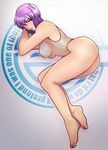  1girl areolae ass barefoot breasts erect_nipples full_body ghost_in_the_shell kusanagi_motoko leotard lying nipples on_side purple_hair red_eyes see-through solo superboin 