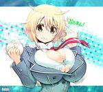  artist_name bangs baozi blazer blonde_hair blush bouncing_breasts breasts bursting_breasts buttons cleavage cleavage_cutout closed_mouth commentary english_commentary flipped_hair food food_on_face hair_between_eyes halftone halftone_background holding huge_breasts impossible_clothes jacket letterboxed long_sleeves looking_at_viewer mermaid_lovers motion_lines necktie orange_eyes rebis school_uniform shin-rin_(mermaid_lovers) shirt short_hair smile solo steam taut_clothes translated turtleneck underboob underboob_cutout undersized_clothes upper_body 