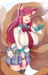  :d :p academy_ahri ahri alternate_costume animal_ears bangs black_legwear blush breasts cardigan cellphone cowboy_shot facial_mark fox_ears fox_tail from_side hair_ornament hairclip hand_on_own_head heart heart_hair_ornament highres huge_breasts league_of_legends leaning_forward long_hair long_sleeves magister_(medical_whiskey) miniskirt multiple_tails necktie open_mouth phone plaid plaid_skirt pleated_skirt purple_hair school_uniform sidelocks simple_background skindentation skirt sleeve_cuffs slit_pupils smartphone smile solo sparkle swept_bangs tail thighhighs tongue tongue_out very_long_hair watch whisker_markings white_background wristwatch yellow_eyes zettai_ryouiki 