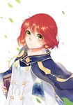  akagami_no_shirayukihime book cloak earrings green_eyes highres jewelry red_hair shirayuki_(akagami_no_shirayukihime) short_hair smile solo upper_body zimu_nanqiao 