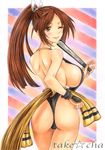  ass bad_id bad_pixiv_id bare_back bare_shoulders breasts brown_eyes brown_hair commentary_request derivative_work fatal_fury hair_ribbon large_breasts lips long_hair looking_back marker_(medium) one_eye_closed ponytail ribbon shiranui_mai sideboob solo takecha the_king_of_fighters thong traditional_media 