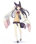  animal_ear_fluff animal_ears black_hair blush detached_sleeves fang flower fox_ears fox_tail hair_flower hair_ornament happy japanese_clothes kuromitsu_nene long_hair miniskirt open_mouth original poco_(asahi_age) sandals skirt smile socks solo tail walking white_background wide_sleeves yellow_eyes 