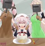  3girls apron beret bomb cake covering_face directional_arrow food fruit frying_pan gloves hair_ornament hairclip hand_on_shoulder harusame_(kantai_collection) hat holding kantai_collection multiple_girls noyomidx plate puffy_sleeves remodel_(kantai_collection) scared shaded_face sitting sparkle strawberry table tearing_up tears x_hair_ornament yura_(kantai_collection) yuudachi_(kantai_collection) 