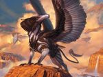  ambiguous_gender avian beak claws cloud cloudscape feathered_wings feathers feral gryphon harness kiera_yanner landscape magic_the_gathering male official_art pouch quadruped rock signature sky solo spread_wings standing traditional_media_(artwork) waterfall wings 