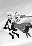  absurdres ak-47 alice_margatroid apron ascot assault_rifle bangs blush bolt_action boots bow broom broom_riding capelet cross-laced_footwear dress eyebrows eyebrows_visible_through_hair fang greyscale gun hair_bow hairband handgun highres holster kirisame_marisa lace-up_boots load_bearing_vest long_hair monochrome multiple_girls namakemono_(875369) no_hat no_headwear open_mouth pistol remington_model_700 rifle scope short_hair short_sleeves smile sniper_rifle touhou waist_apron weapon 
