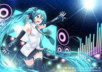  :d aqua_eyes aqua_hair arm_up breasts concert detached_sleeves hatsune_miku headset long_hair miniskirt necktie night night_sky open_mouth outstretched_arm outstretched_hand pleated_skirt projected_inset skirt sky small_breasts smile solo thighhighs twintails ugume very_long_hair vocaloid watermark zettai_ryouiki 