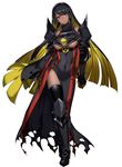  aegislash alternate_color armor armored_boots black_hair blonde_hair boots breasts covered_navel dark_skin full_body gauntlets gen_6_pokemon high_heels highres katagiri_hachigou knee_boots large_breasts long_hair looking_at_viewer multicolored_hair parted_lips personification pokemon shiny_pokemon simple_background solo standing torn_clothes two-tone_hair underboob white_background yellow_eyes 