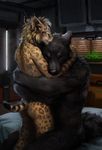  2015 ambiguous_gender anthro bed bedroom black_fur black_stripes brown_fur brown_spots butt canine couple duo eyes_closed feline fur hax_(artist) hug inside lynx male mammal nude sitting spotted_body standing white_fur wolf 