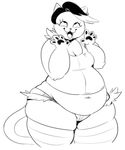  anthro black_and_white black_hair breasts cat catty_(undertale) cleavage clothed clothing ear_piercing eyelashes fangs feline female hair mammal monochrome multicolored_hair open_mouth overweight piercing smile solo sunibee thick_thighs two_tone_hair undertale wide_hips 