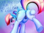  2015 anus blue_fur blush butt cutie_mark elzzombie english_text equine feral friendship_is_magic fur hair mammal multicolored_hair my_little_pony pegasus pussy pussy_juice rainbow_dash_(mlp) text tongue tongue_out wings 