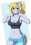  2018 2d_animation animated anthro big_breasts blinking blonde_hair blush bouncing bouncing_breasts breasts cleavage clothed clothing equine evo_(oc) evomanaphy fan_character female freckles hair horse invalid_tag jiggling looking_at_viewer mammal pony ponytail shirt shorts side_boob smile solo tank_top 
